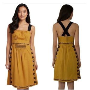 Floreat Embroidered Sundress Women 2 Mustard Yellow Cotton Boho Pinafore